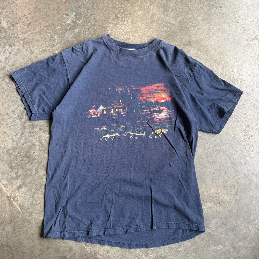 Vintage Faded 90s Fly Fishing Cabin Sunset Graphic Nature Shirt Mens XL 22x26